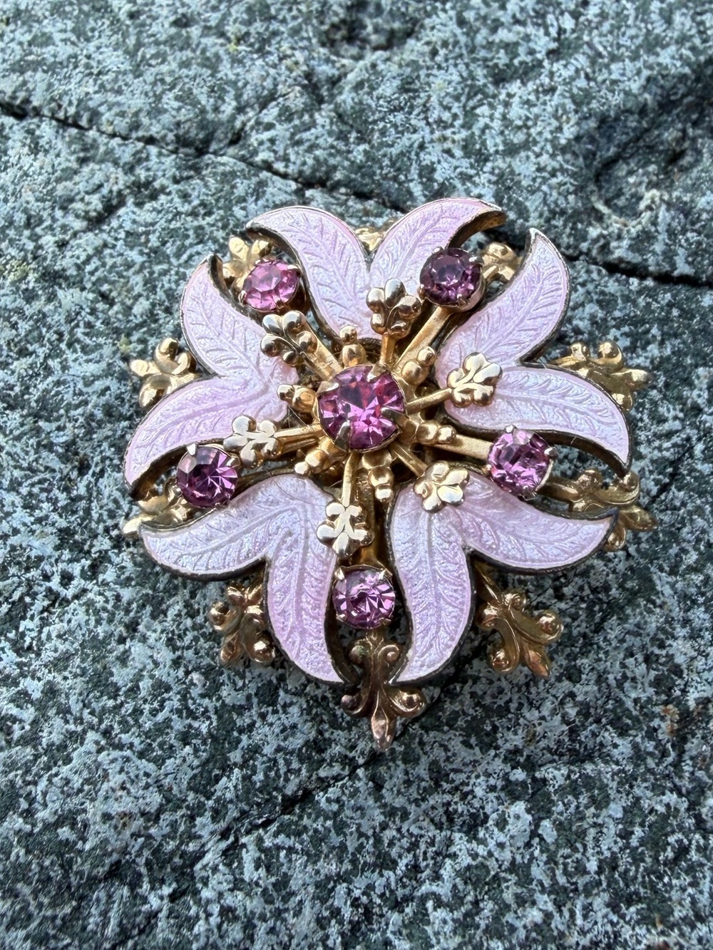 Vintage Art Deco Guilloché Pink Enamel Floral Brooch Pink Crystals